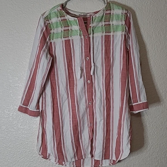 WOOLRICH Dark Pink White Striped Green Embroidered Top organic cotton Medium - Picture 1 of 8